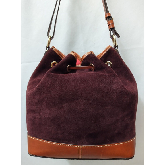 Dooney & Bourke Burgundy Suede Leather Drawstring Bucket Shoulder Bag - Picture 3 of 16